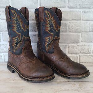 Justin Western Cowboy Boots 8D Leather Upper Brown & Black Embroidered Manmade M